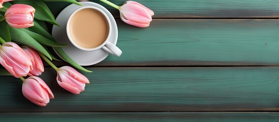 Fototapete - Green coffee cup beside pink tulips on textured wooden background with ample copy space for elegant floral-themed compositions