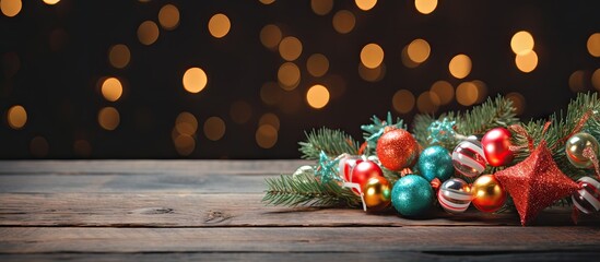 Poster - Colorful Christmas tree ornaments in red, gold, and teal with a green branch on a rustic wooden background, soft bokeh lights in the distance.