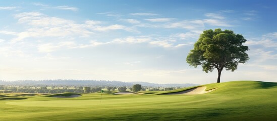 Aufkleber - Serene golf course landscape with green grass, solitary tree, blue sky, and ample copy space on the right side for text placement.