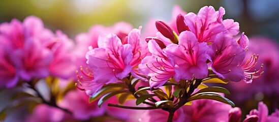 Aufkleber - Vibrant Purple Splendor Azalea japonica flowers bloom in soft focus garden, with rich pink hues and delicate petals illuminated by warm sunlight
