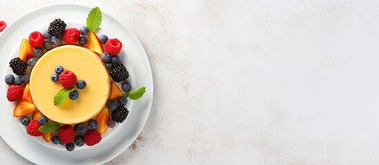 Top down view of a vibrant cheesecake topped with fresh berries and mango on a light gray plate against a clean white background with empty space