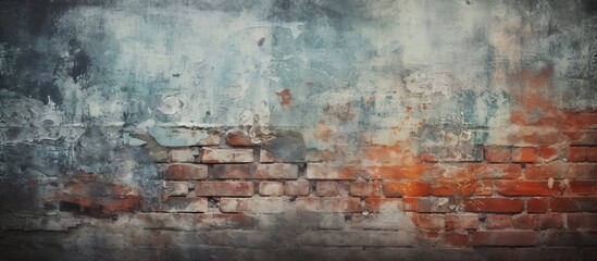 Fototapete - Vintage wallpaper grunge texture with a broken brick wall background featuring blue tones, red accents, and a distressed design for copy space.
