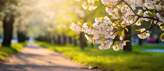Aufkleber - Blurry bokeh garden background with white blossoming trees on the right, golden sunlight illuminating a path through lush green grass.