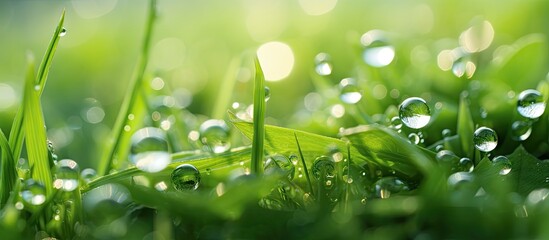 Leinwandbilder - Close-up of vibrant green grass with glistening dew drops reflecting morning light creating a fresh, serene atmosphere in a moist meadow.