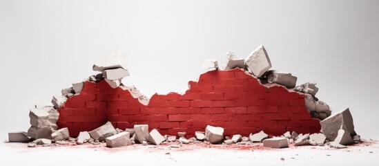 Poster - Broken red brick wall with scattered white cement debris on a light gray background showcasing textured surfaces and vibrant red tones.