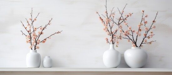Leinwandbilder - Elegant white vases with blooming branches arranged on a light wooden shelf against a soft white brick wall creating a minimalist decor feel