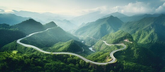 Poster - Winding road through lush green mountains with misty peaks in the background and ample blue sky create a serene landscape scene.
