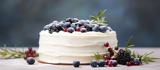 Wall Mural - Delicious white cake adorned with blueberries, blackberries, and red berries, placed on a wooden table with a blurred blue background.