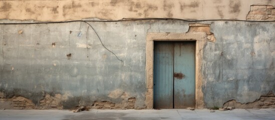Fototapete - Aged blue door centered against a weathered gray concrete wall with cracks and wires offering ample copy space for design applications.