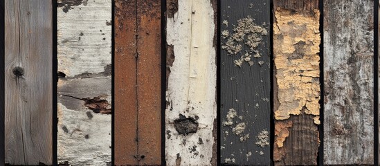 Leinwandbilder - Textured collection of weathered wood panels displaying varied colors including gray, brown, and beige with exposed bark on a dark background.