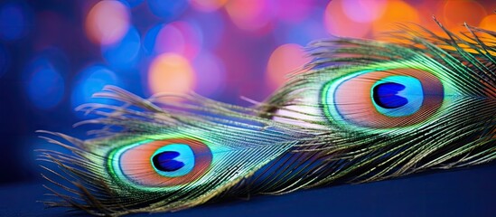 Aufkleber - Vibrant multicolored peacock feathers positioned diagonally with a blurred abstract background featuring blue and warm bokeh lights enhancing the beauty
