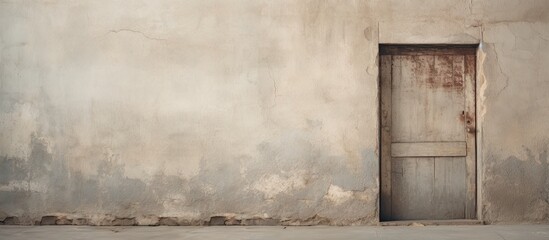 Fototapete - Aged wooden door positioned slightly left against a textured concrete wall with muted beige tones providing ample copy space for text and design.