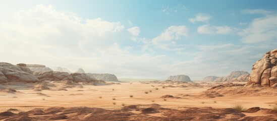 Poster - Breathtaking rocky landscape in warm beige tones with distant mountains under a clear blue sky and soft clouds, expansive desert vista.