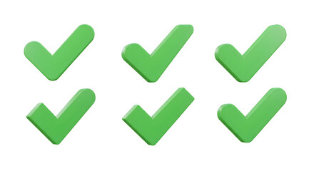 Set of 6 Green 3D Checkmarks Icons Set for Website UI Isolated on White Background. Generative AI