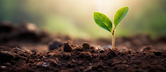 Poster - Fresh green seedling emerging from rich dark soil, softly illuminated by warm light, ideal for text overlays in serene nature backgrounds.