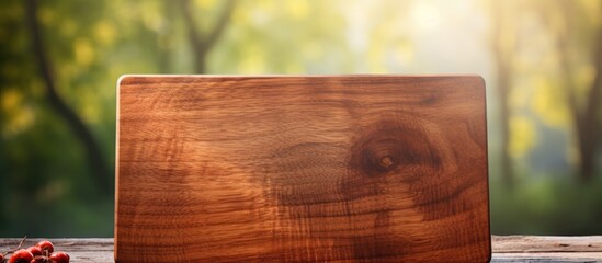 Aufkleber - Wooden cutting board centered on a rustic wooden surface with soft natural light creating a warm atmosphere for culinary presentations