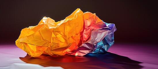 Leinwandbilder - Crumpled paper in vibrant orange, pink, and blue resting on a smooth surface with soft shadows against a dark gradient background.