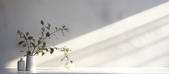 Leinwandbilder - Sunlit gray wall with blurred floral shadows casting across a minimalist surface complemented by a white vase and delicate green branches on the left.
