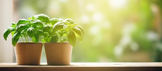 Poster - Fresh green basil plants in terracotta pots on a wooden windowsill with soft sunlight illuminating the background, creating a serene atmosphere.