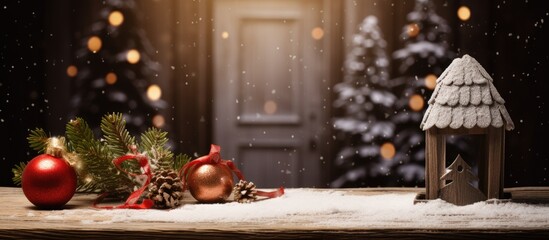 Poster - Festive winter scene featuring Christmas ornaments in red and gold on wooden table, snow-covered with a decorative house and pinecones, soft bokeh lights.