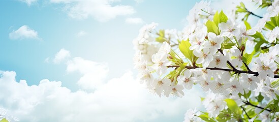 Aufkleber - Springtime branch of white cherry blossoms against a bright blue sky with fluffy clouds in the background creating a serene natural scene