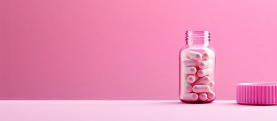 Wall Mural - pill bottle with pink capsules on a soft pink background with ample copy space for text composition 