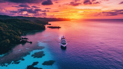 Wall Mural - a boat is sailing in the ocean at sunset