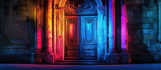 Leinwandbilder - Vibrant illuminated old door with intricate details in blue purple and orange hues positioned centrally against a textured stone wall background