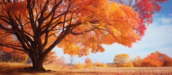 Poster - Vibrant autumn foliage of a large tree with rich orange and red leaves against a clear blue sky and golden grass in the foreground