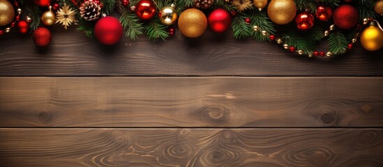 Wall Mural - Festive Christmas arrangement with red gold and green balls on dark wooden background captured from above with space for text or additional images