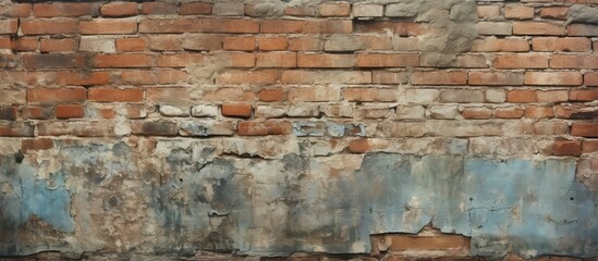 Poster - Textured old brick wall with some blue paint remnants and peeling layers, featuring shades of red, brown, and blue, creating a vintage atmosphere.