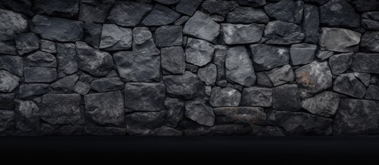 Poster - Textured dark stone wall background with uneven gray stones in a close-up view featuring rich black and gray tones ideal for copy space use.