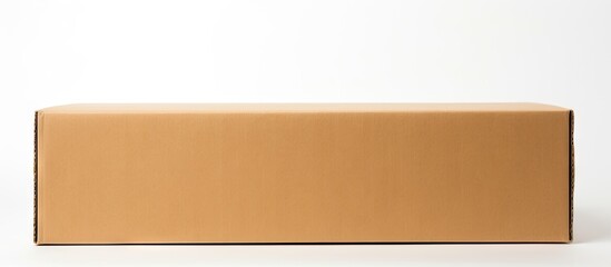 Fototapete - Empty cardboard box positioned centrally on a plain white background, featuring warm beige tones and ample copy space for branding or messaging.