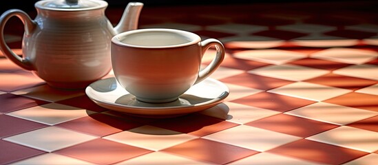 Wall Mural - ceramic chinese tea set on a red and white checkerboard table with shadows enhancing visual appeal a