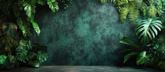 Aufkleber - Lush green foliage against a dark textured concrete wall with a hint of grunge creating a jungle atmosphere in a studio setting