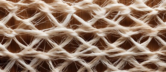 Fototapete - Close-up of textured beige natural fiber mesh background with woven strands creating a diagonal crisscross pattern on a brown surface.