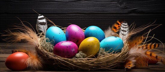 Colorful painted eggs in a sisal nest with bird feathers on a dark wooden background offering ample copy space for festive themes