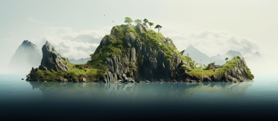 Poster - Tiny island featuring rocky terrain and lush greenery amid serene water, with distant mountains and soft clouds in a tranquil atmosphere.