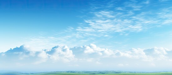 Wall Mural - vast clear blue sky contrasted with fluffy white clouds above a green landscape with ample copy spac