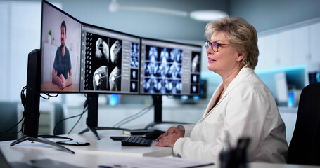 Wall Mural - doctor in online video conference. medical webinar