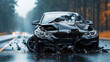 © Ellionn - Damaged wrecked black car, aftermath of devastating auto crash. Crumpled front, shattered glass on rainy road. Forest background, traffic accident, responsible driving. Destruction, collision.