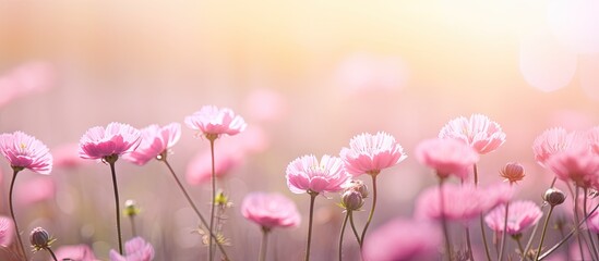 Poster - Delicate pink wildflowers basking in soft sunlight, creating an abstract spring background with gentle hues and a dreamy atmosphere.