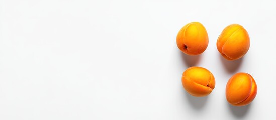 Poster - Closeup of vibrant orange apricots on a white background with ample negative space arranged top left for creative design projects