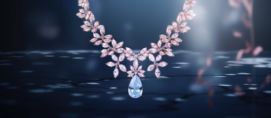 Poster - Elegant pink floral diamond necklace design featuring a central teardrop gem, set against a dark backdrop with soft light reflections.