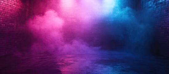 Poster - Colorful mist enveloping a dark brick alley with pink and blue tones illuminating the scene creating a vibrant atmospheric effect.