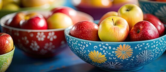 Poster - Vibrant closeup of fresh apples in colorful bowls including red and green, arranged artistically on a blue surface highlighting their juicy appeal