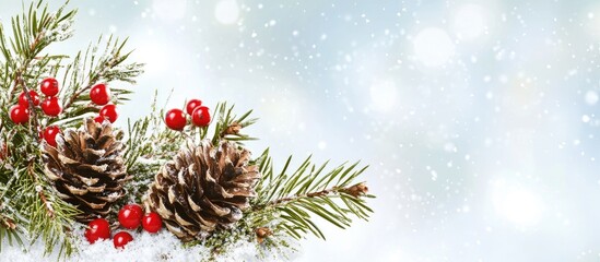 Aufkleber - Christmas border frame with pinecones and red berries on snowy background, featuring green pine branches positioned on the left side.