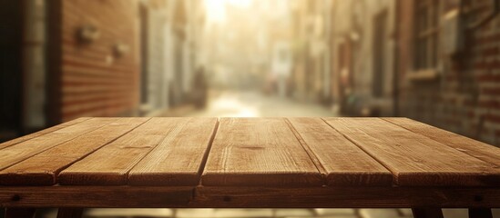 Poster - Empty wooden table in the foreground with a blurred warm-toned street scene in the background, ideal for creative projects and presentations.