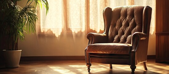Poster - Serene psychiatrist office with a plush brown leather armchair positioned near a window, soft golden light filtering through sheer curtains.