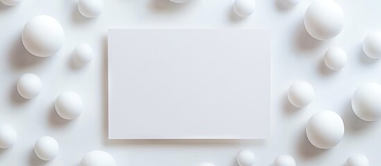 Poster - Blank white rectangular canvas centered among various white spherical decorations on a soft white surface, ideal for artistic designs and presentations.